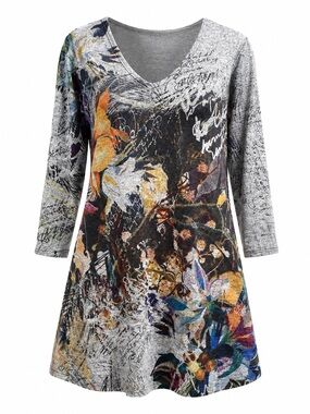 Inoah Abstract Art Print Tunic Top XL Oversized Pocket Artwear Boho